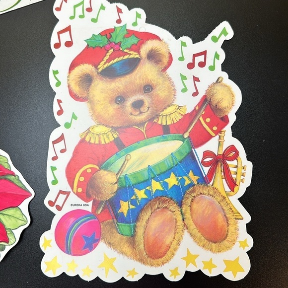 Vtg Eureka USA Velvety Flocked Die Cutout Cardboard Christmas Decor Santa Bears - Picture 14 of 15